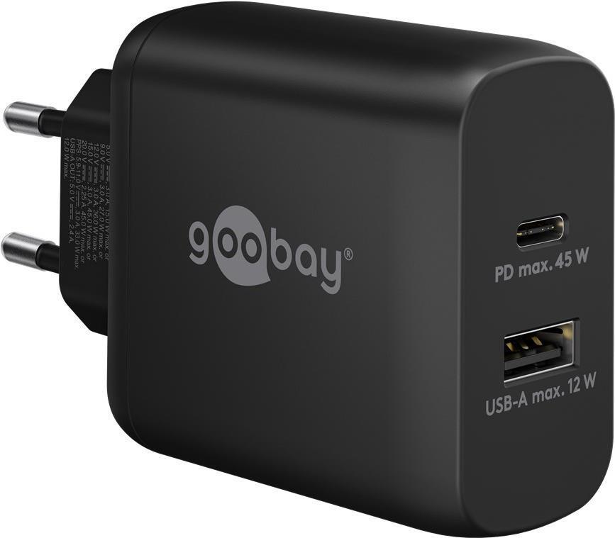 Caricabatterie rapido doppio USB-C PD (45 W) nero - adattatore con 1x porta USB-C PD (Power Deliver