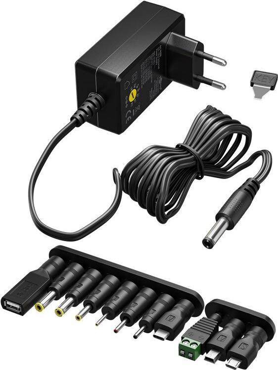 Alimentatore universale 3 V - 12 V max. 36 W nero - incl. 11 adattatori 7 adattatori DC pi USB-C USB-
