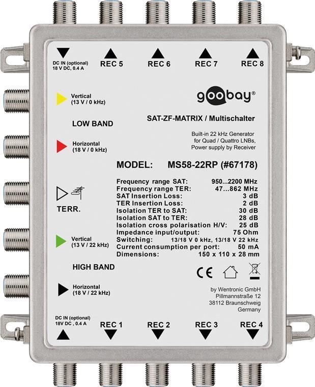 Goobay Passive SAT Multischalters 5 Ingni / 8 uscite, distributori d'argento per Max. 8 partecipanti da un satellite (67178)