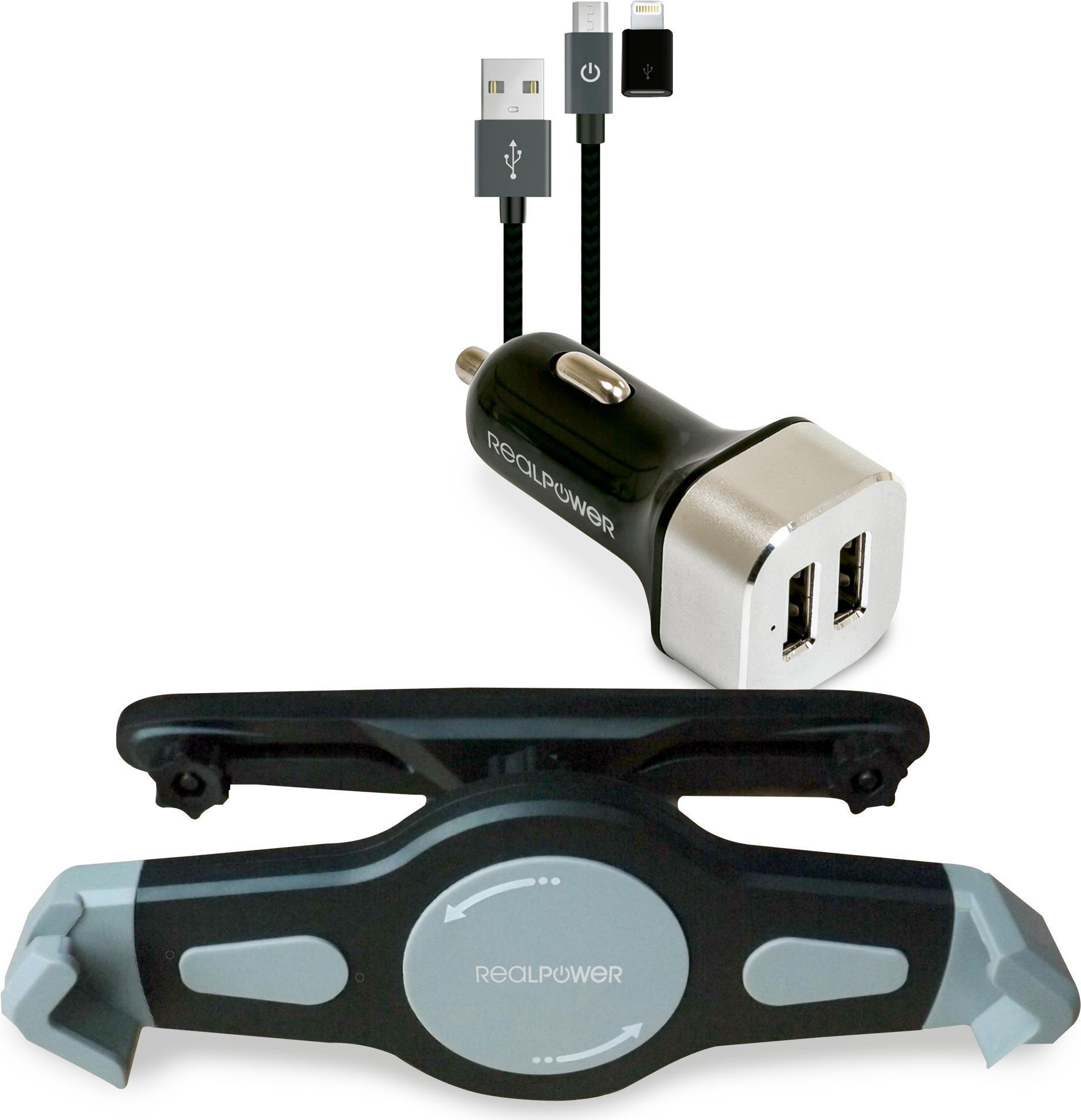 Set di auto da tablet RealPower - Alimentazione automatica - 2,4 A - 2 punti di connessione di uscita (2 x USB) - sul cavo: mic