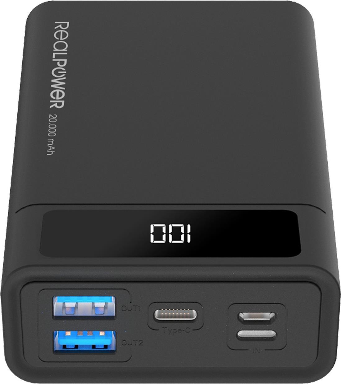 RealPower PB -20K PD - Black - Afforta/Auricolare - MP3/MP4 - Telefono cellulare/Smartphone - Smartwatch - Tablet - Rettangolo