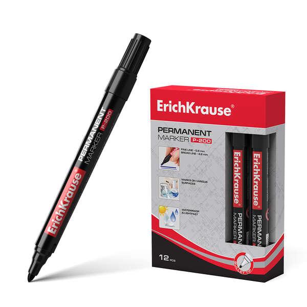 Pennarello Permanente Erichkrause P-200 - Punta dura - Resistente a tutta l'acqua e ai raggi UV - Colore nero