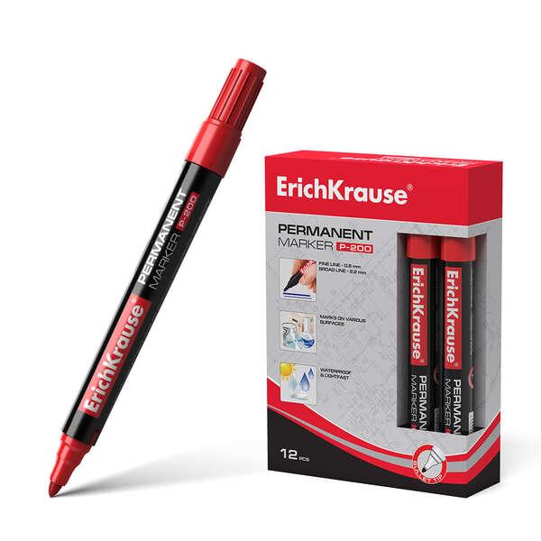 Pennarello Permanente Erichkrause P-200 - Punta dura - Resistente a tutta l'acqua e ai raggi UV - Colore rosso