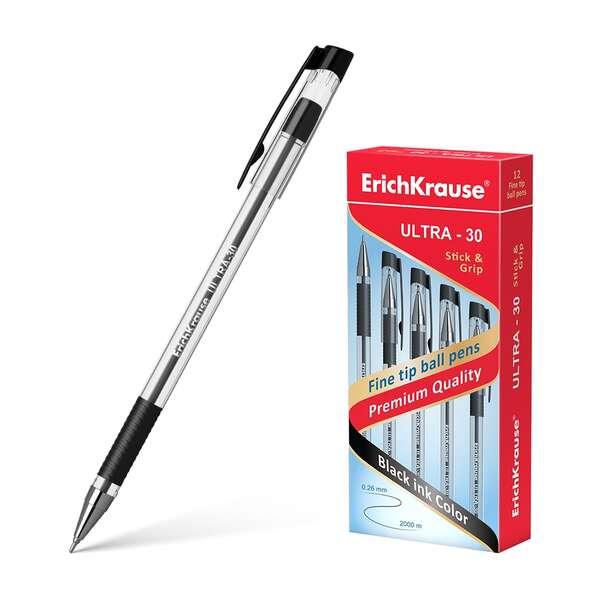 Penna a sfera Erichkrause Ultra-30 - Ricaricabile con punta fine - Corpo trasparente con urto in gomma - Inchiostro nero - 2000