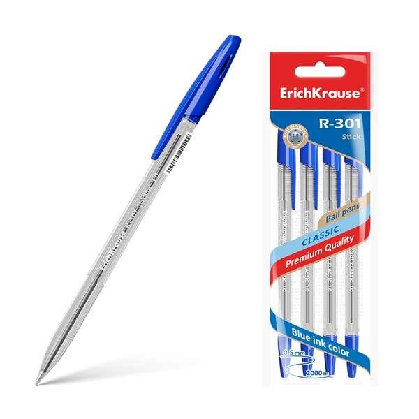 Erichkrause Confezione de 4 penne a sfera R-301 Classic Stick 1.0 - Corpo esagonale trasparente - Punta 1.0 mm - Inchiostro ad