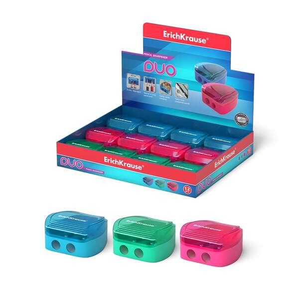 Erichkrause Duo - Temperamatite doppia in plastica - Contenitore per trucioli - Colore neon - Diametro 8 mm - Lamella in carbon