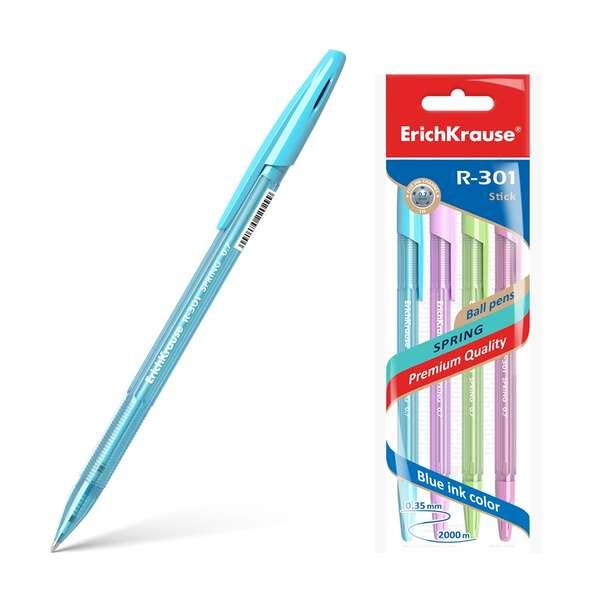 Erichkrause Confezione da 4 penne R-301 Spring Stick 0.7 - Corpo esagonale translucido - Inchiostro ad asciugatura rapida - Col