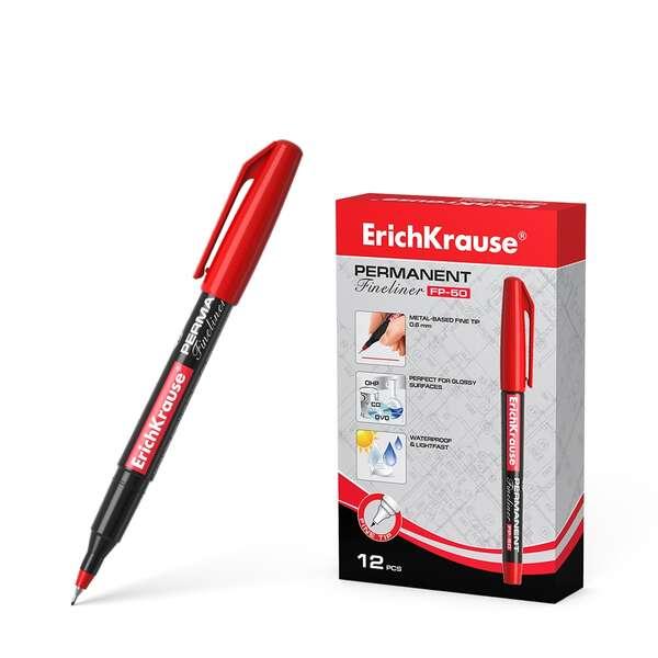 Pennarello indelebile Erichkrause Fp-50 - Punta fine da 06 mm - Resistente a tutta la luce e a tutta l'acqua - Colore rosso
