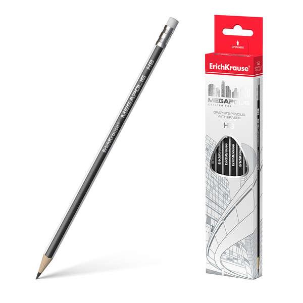 Erichkrause Megapolis HB - Matita triangolare in grafite con gomma - Luce selezionata - Durezza HB - Resistente agli urti - Fac
