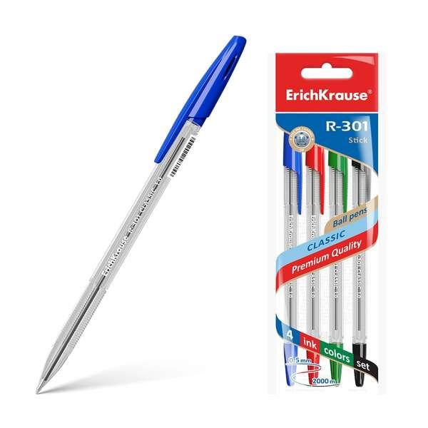 Erichkrause Confezione de 4 penne a sfera R-301 Classic Stick 1.0 - Corpo esagonale trasparente - Punta 1.0 mm - Inchiostro ad