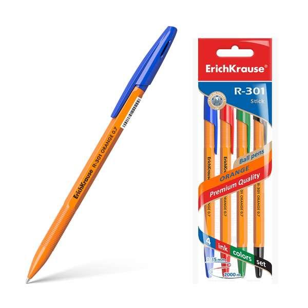 Pacchetto Erichkrause di 4 Boligrafi R -301 Stick arancione 0,7 - corpo esagonale opaco - punta da 0,7 mm - inchiostro asciutto