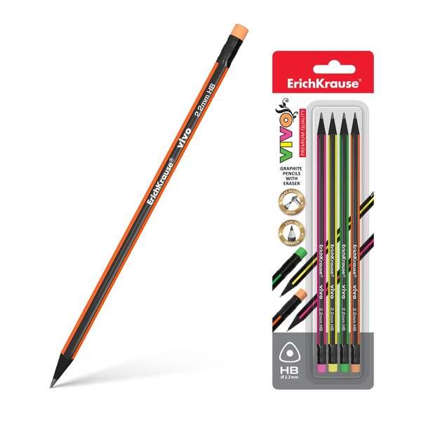 Erichkrause Vivo HB - Confezione da 4 Matite Triangolari in Grafite con Gomma - Legno Selezionato - Durezza HB - Resistente agl