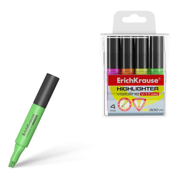 Erichkrause Visioline V-17 Mini Confezione da 4 Pennarelli - Fluorescent - Tip a scalpello - Set di 4 Colori: Giallo, Verde, Ro