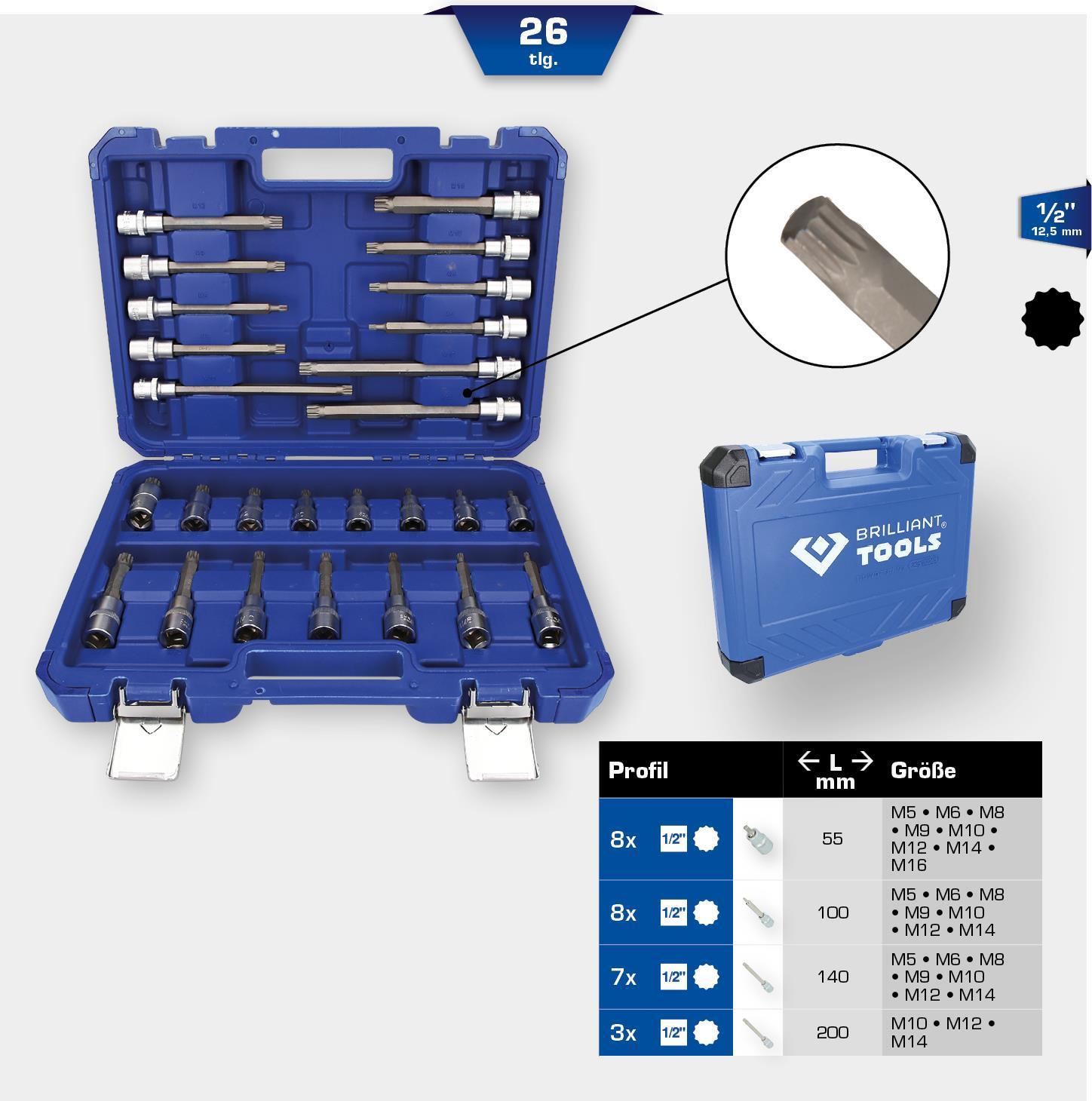 KS TOOLS Werkzeug-maschinen GmbH Set di chiavi a bussola 1/2" 26 pezzi profilo multidente XZN (BT022026)
