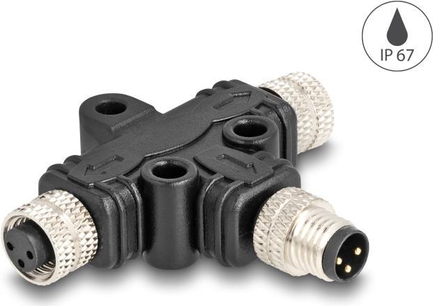 Delock Sdoppiatore a T M8 con codifica A a 3 pin, 1 x spina a 2 x prese, connessione parallela