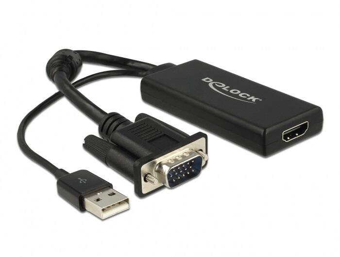 Dieser VGA zu HDMI Adapter von Delock dient zum Anschluss eines HDMI Displays an Ihren PC bzw. Notebook. Der USB Anschluss dien