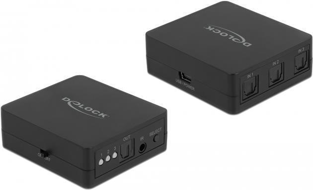 Delock Switch S/PDIF TOSLINK 3 In 1 Out con telecomando IR e alimentazione USB