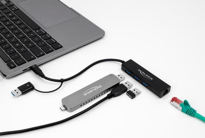 DeLOCK Hub USB 3.2 Gen 1 a 3 porte + Gigabit LAN con connettore USB Type-C o USB Tipo-A (Delock - hub - 3 porte)