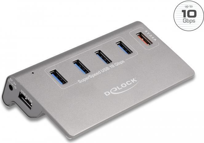 Delock Hub USB 10 Gbps con 4 porte USB di tipo A 1 porta di ricarica rapida con alimentatore