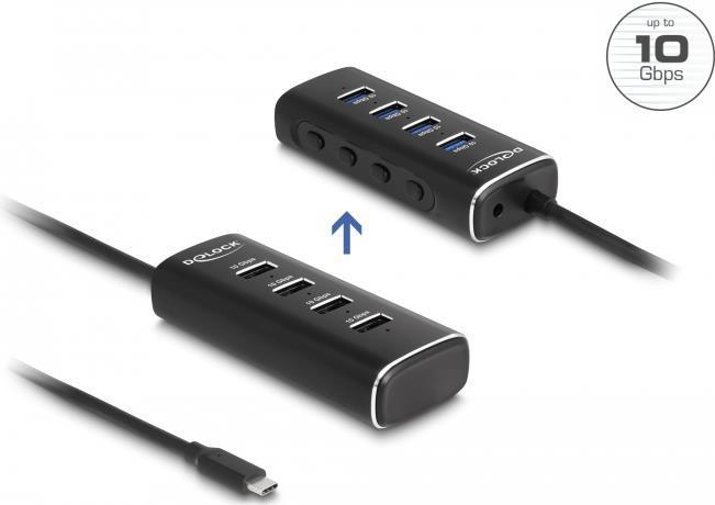 Delock Hub USB 10 Gbps a 4 porte con connessione USB Type-C, cavo da 60 cm e switch per ciascuna porta