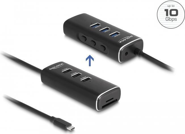 Delock Hub USB 10 Gbps a 3 porte con lettore di schede SD e Micro SD con porta USB Type-C e switch per ciascuna porta