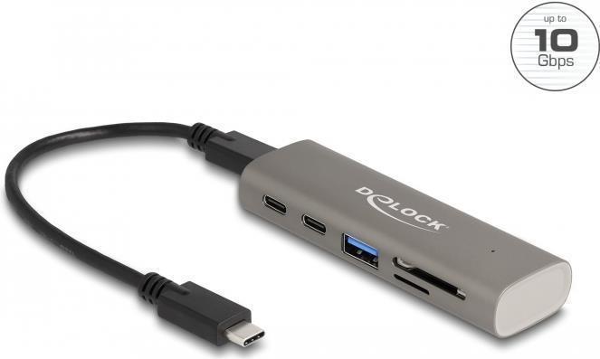 Delock Hub USB 10 Gbps a 3 porte incluso lettore di schede SD e Micro SD con porta USB Type-C