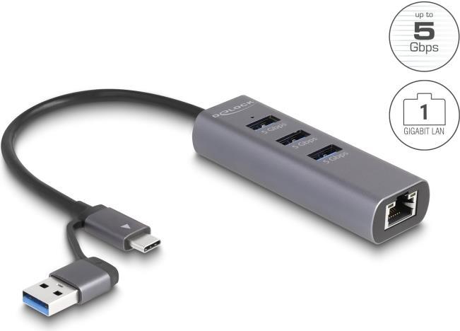 Delock Hub USB 5 Gbps a 3 porte + LAN Gigabit con porta USB Type-C o USB Type-A in un alloggiamento metallico