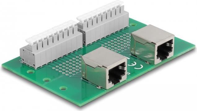 Delock 2 prese RJ45 su 2 morsettiere con pulsante per guida DIN