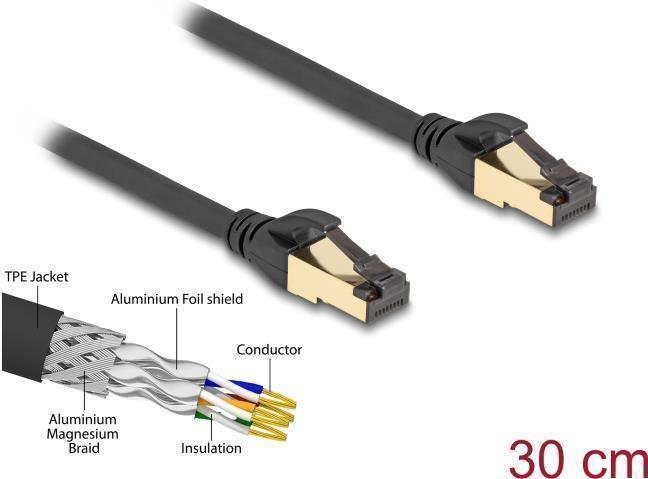 Delock Cavo di rete RJ45 Cat.6A da spina a spina S/FTP nero da 30 cm con cavo grezzo Cat.7 adatto per l'industria e l'uso ester