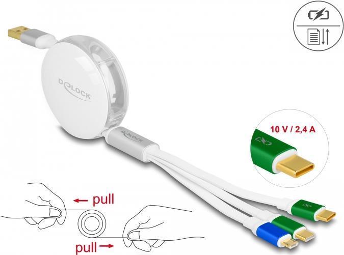 Delock Cavo di ricarica retrattile USB 3 in 1 Tipo-A a Micro USB / 2 x USB Tipo-C con funzione di ricarica rapida bianco
