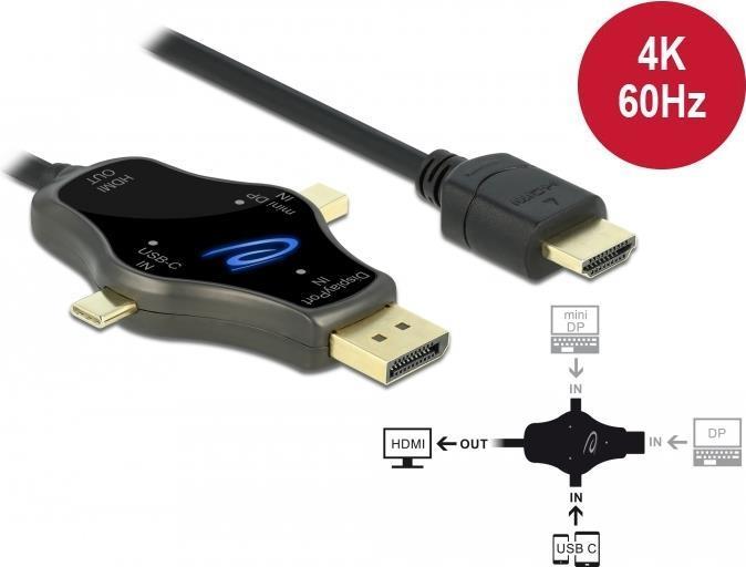 Delock Cavo per monitor 3 in 1 con ingresso USB-C / DisplayPort / mini DisplayPort a uscita HDMI con 4K 60 Hz