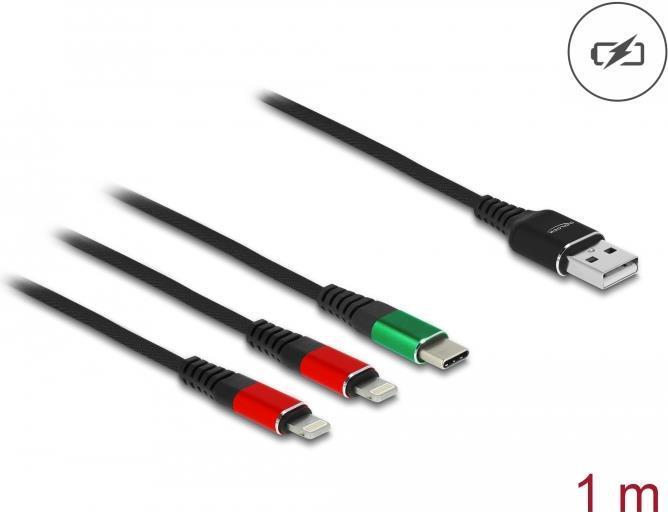 Delock Cavo di ricarica USB 3 in 1 Tipo-A a 2 x Lightning / USB Tipo-C 1 m