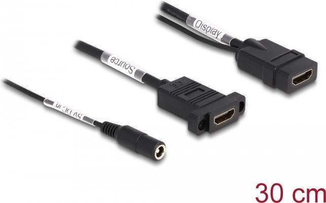 Delock Cavo HDMI 4K 60 Hz con alimentazione CC 2,1 x 5,5 mm 0,30 m per installazione