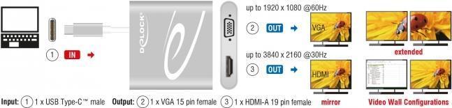 Delock Splitter USB di tipo C (modalit DP Alt) 1 x HDMI 1 x uscita VGA