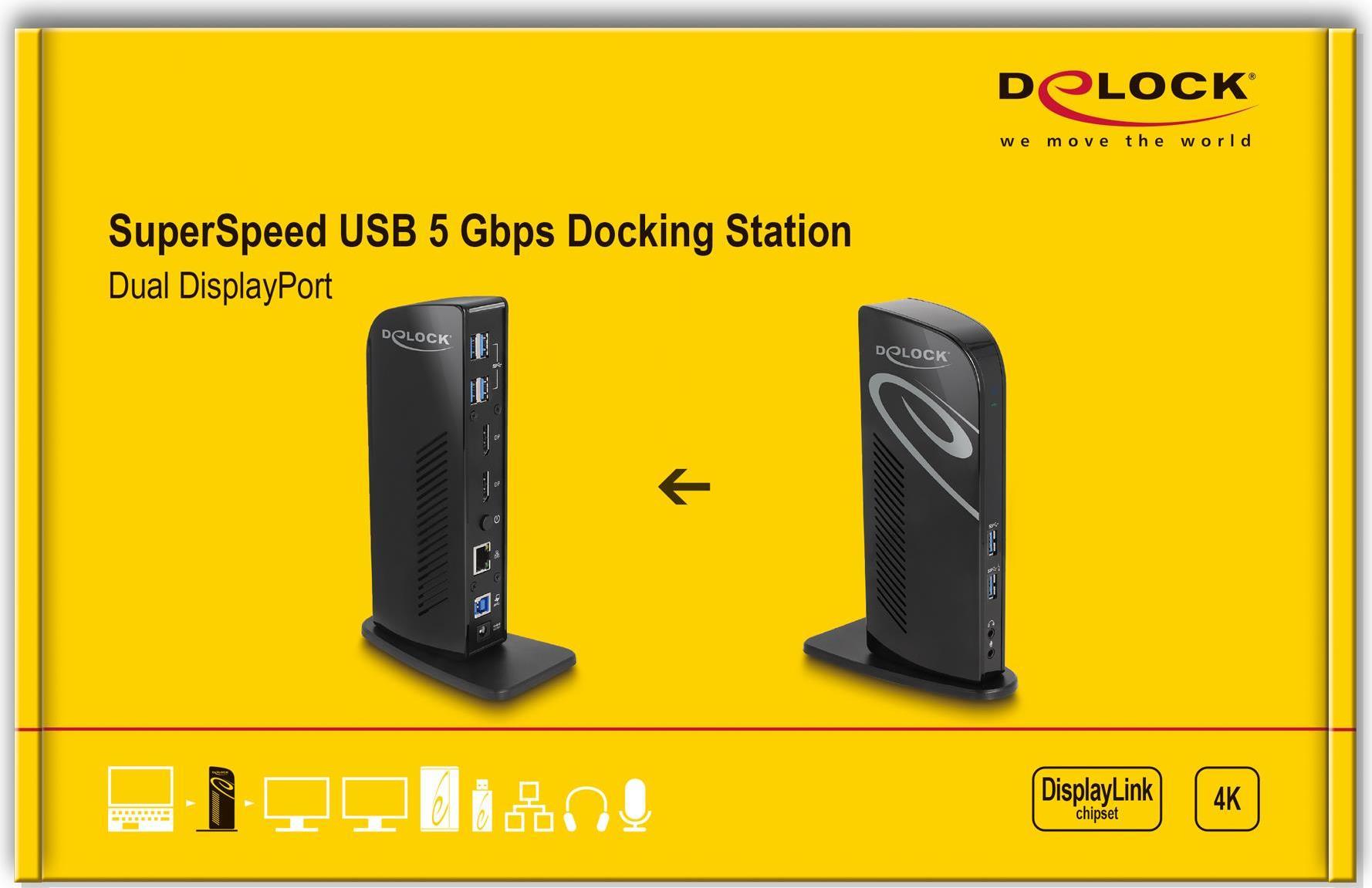 Delock Docking station USB Dual DisplayPort 4K / USB 3.2 / LAN / Audio (Displaylink)