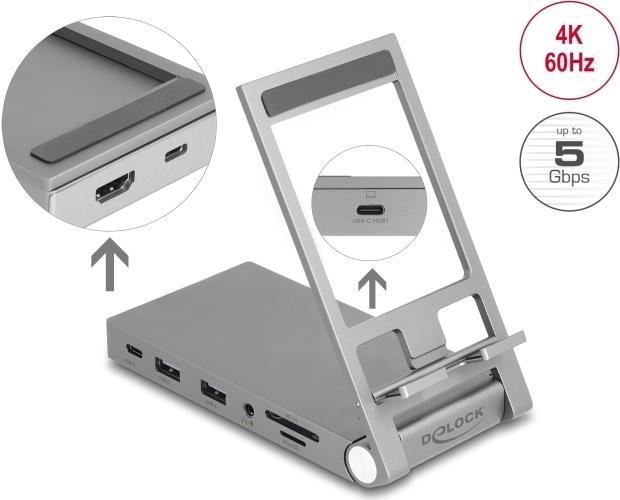 DeLOCK Docking station per tablet e portatile 4K con supporto integrato - HDMI / USB / Hub / SD / Micro SD / PD 3.0 - pieghevol