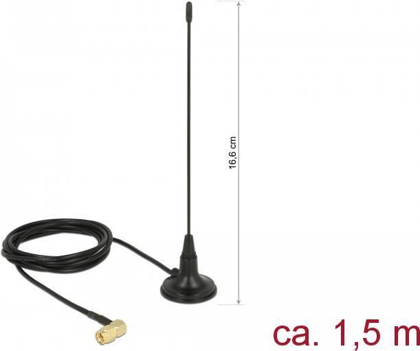 Delock Antenna 480 MHz SMA plug 90Ã‚Â° 2,5 dBi fissa omnidirezionale con supporto magnetico e cavo di collegamento RG-174