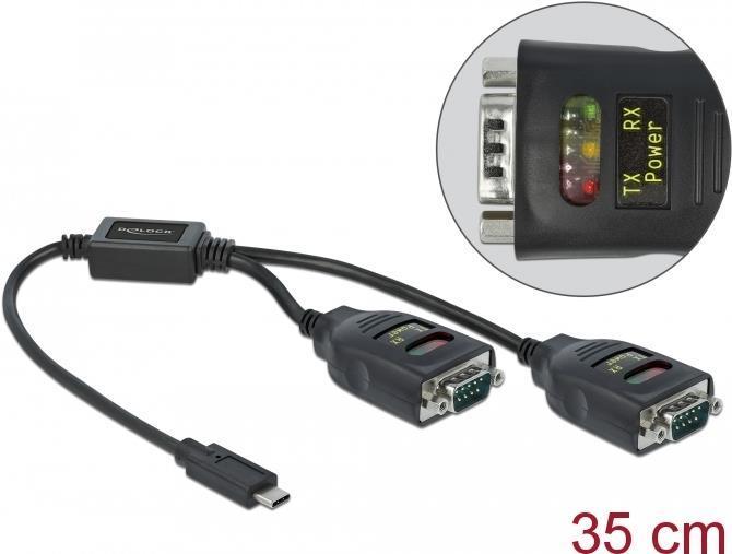 Adattatore Delock USB Type-C a 2 x seriali RS-232 DB9 con protezione ESD da 15 kV