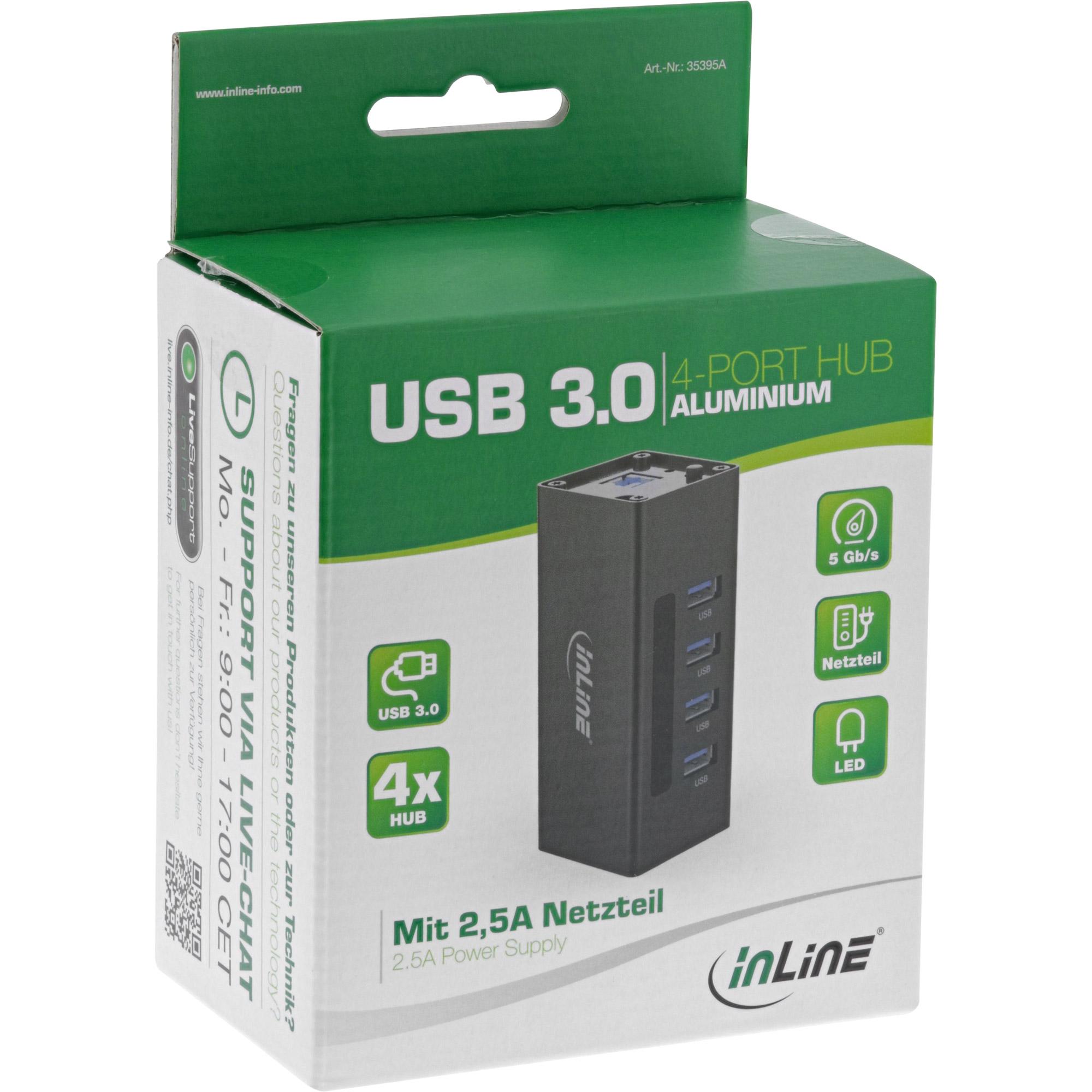 Hub USB 3.0 - 4 porte - custodia in alluminio - nero - con alimentatore da 2,5A