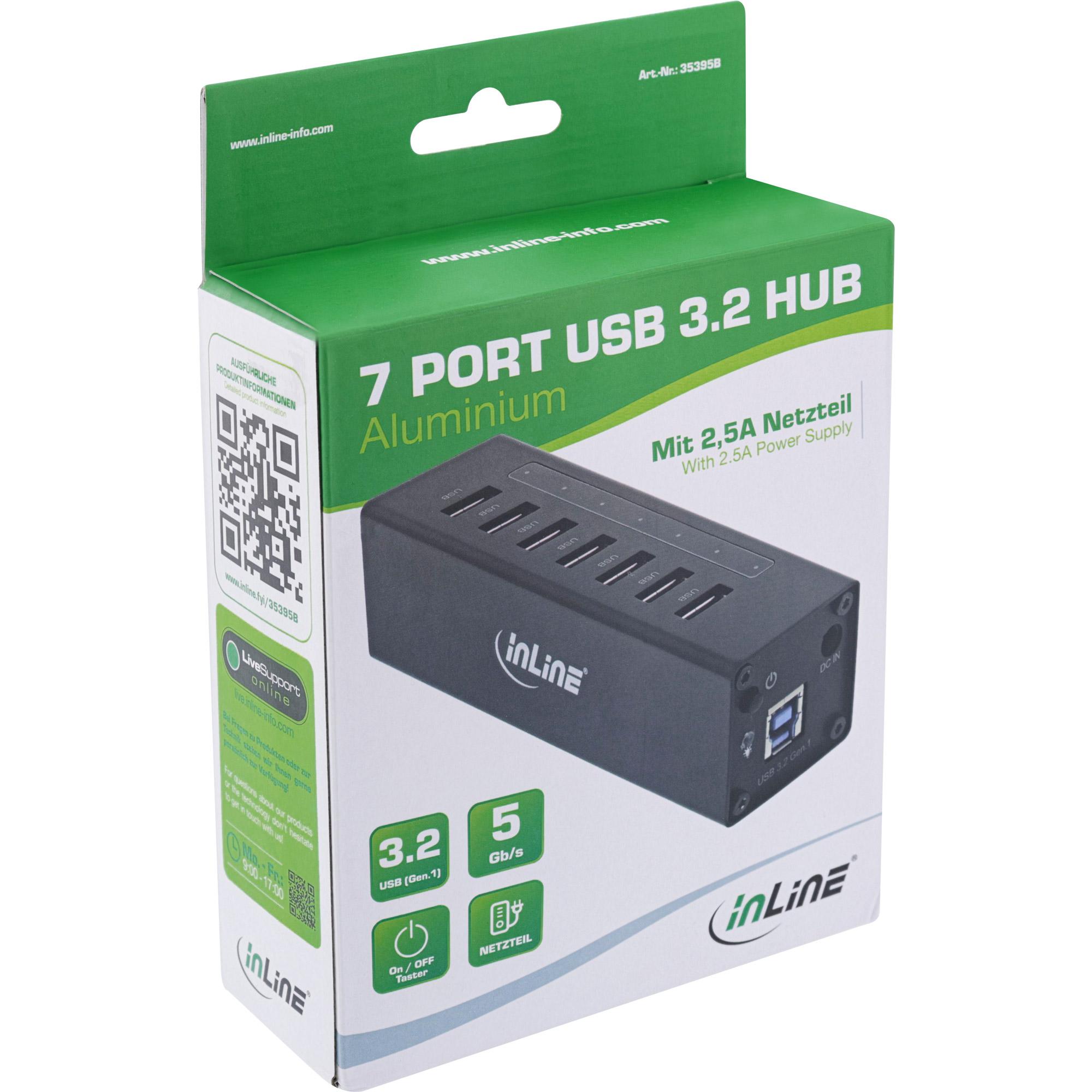 Hub USB 3.0 - 7 porte - custodia in alluminio - nero - con alimentatore da 2,5A