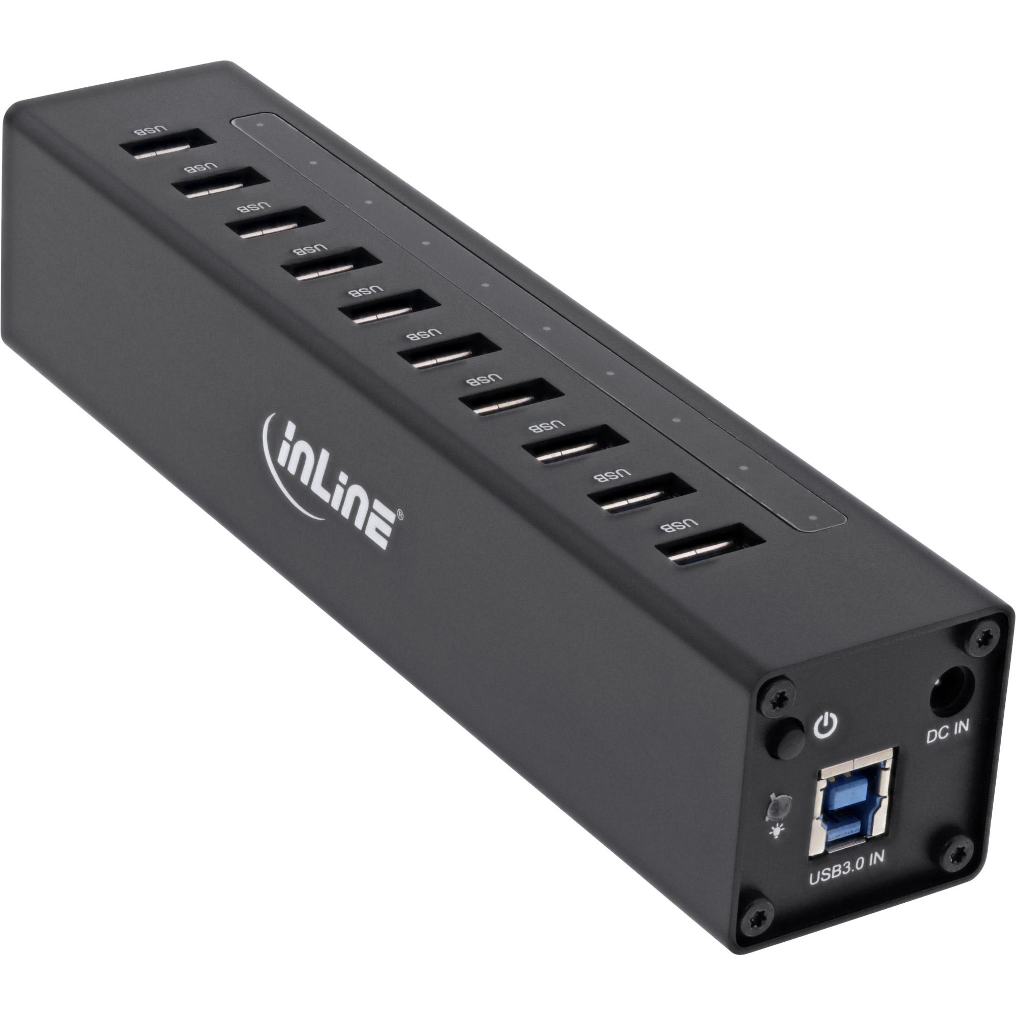 Hub USB 3.0 - 10 porte - custodia in alluminio - nero - con alimentatore 4A