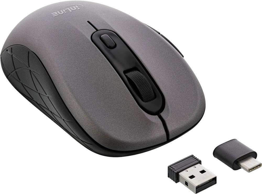 INLINE 3 in 1 - mouse - ottico - 5 pulsanti - wireless - 24 GHz Bluetooth 4.0 - ricevitore wireless USB / USB-C - grigio/nero
