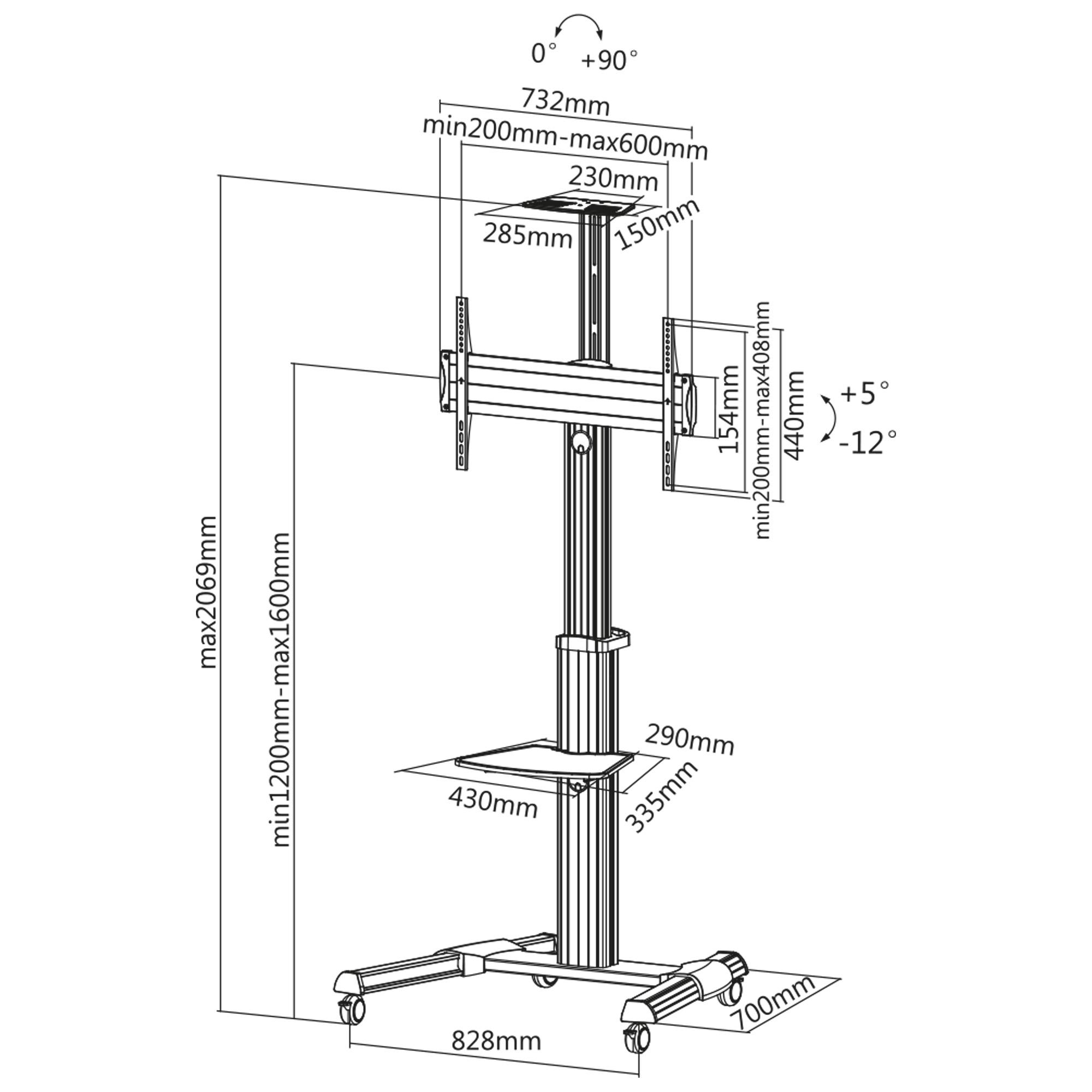 Carrello TV, regolabile in altezza, per TV LED 37 pollici-70 pollici (94-178 cm), max. 50 kg, 50 kg, 94 cm (37 pollici)