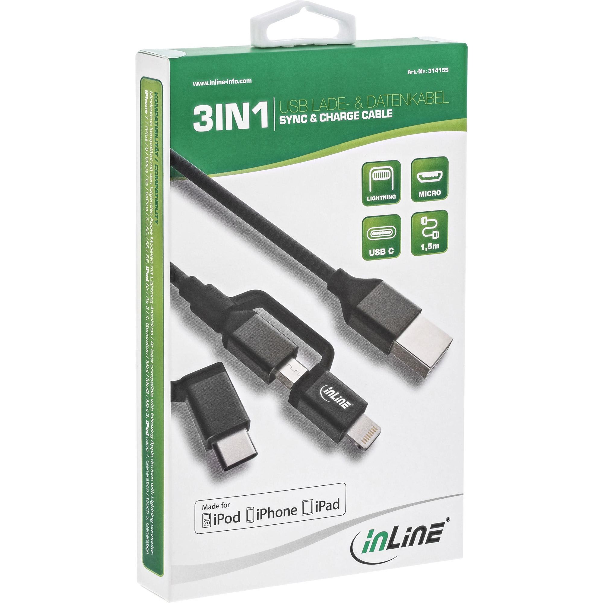 Cavo USB 3 in 1 - Micro-USB-Lightning-USB-C - nero-alluminio - 1,5 m MFi