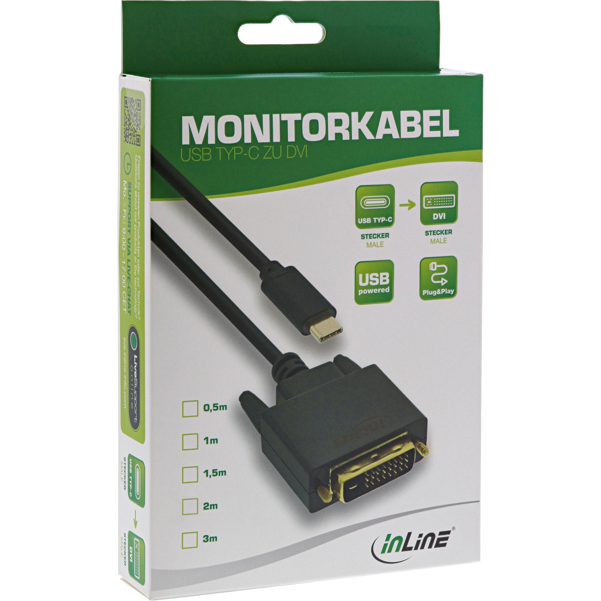 Inline - cavo video - USB -C (M) a DVI -D (M) - USB 3.1 Gen 1 / Thunderbolt 3 / DisplayPort 1.2 - 2,0m - 1080p Supporto - Nero