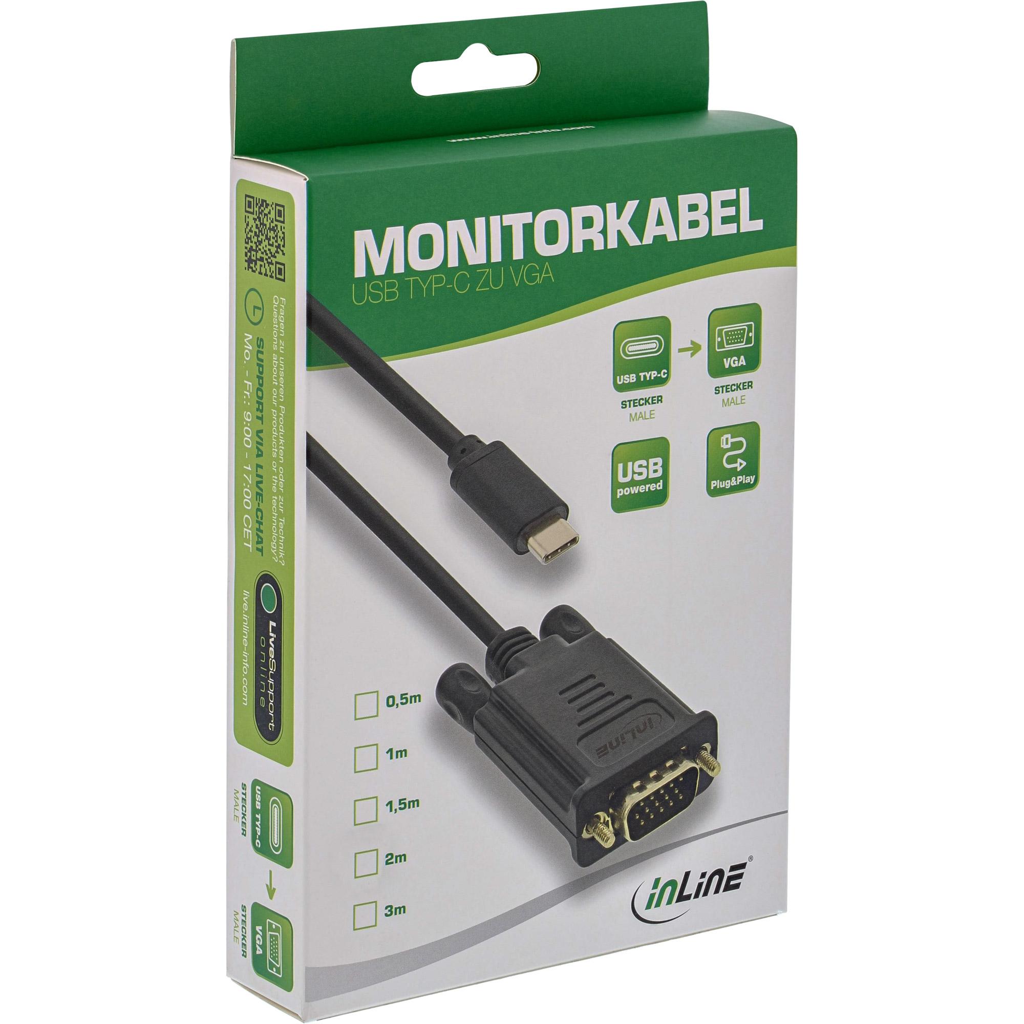 Inline - cavo video - USB -C (M) a HD -15 (VGA) (M) - USB 3.1 Gen 1 / Thunderbolt 3 / DisplayPort 1.2 - 2.0m - Black (64142)