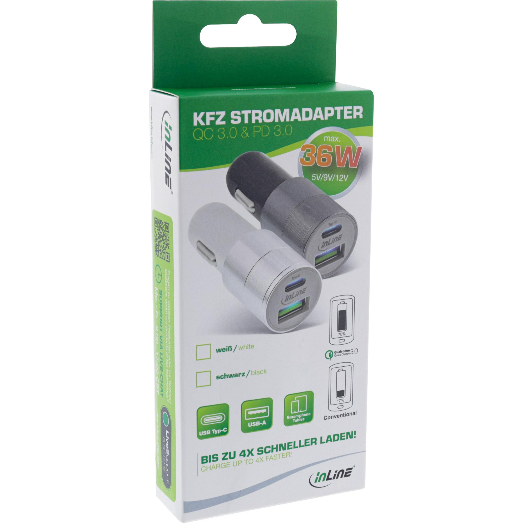 Adattatore di alimentazione per auto USB Quick Charge 3.0 - da 12-24 V CC a 5 V CC-3 A - USB-A+USB-C