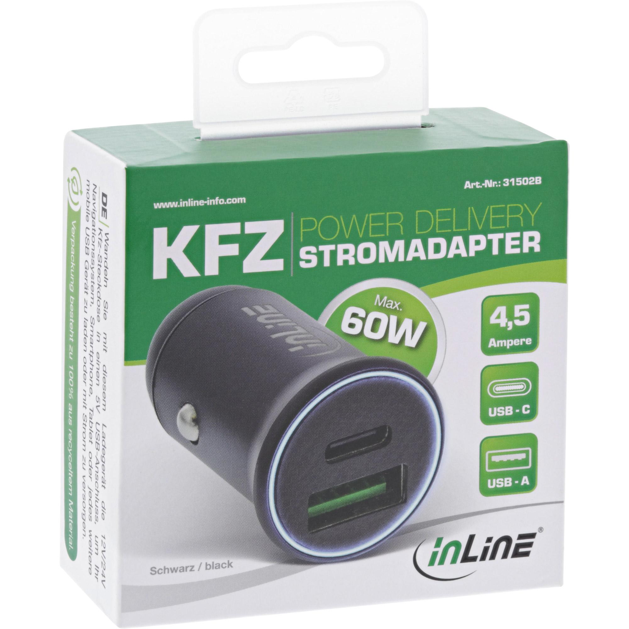 Adattatore USB per auto PD - 12-24 V USB-A + USB-C - max. 60 W - nero