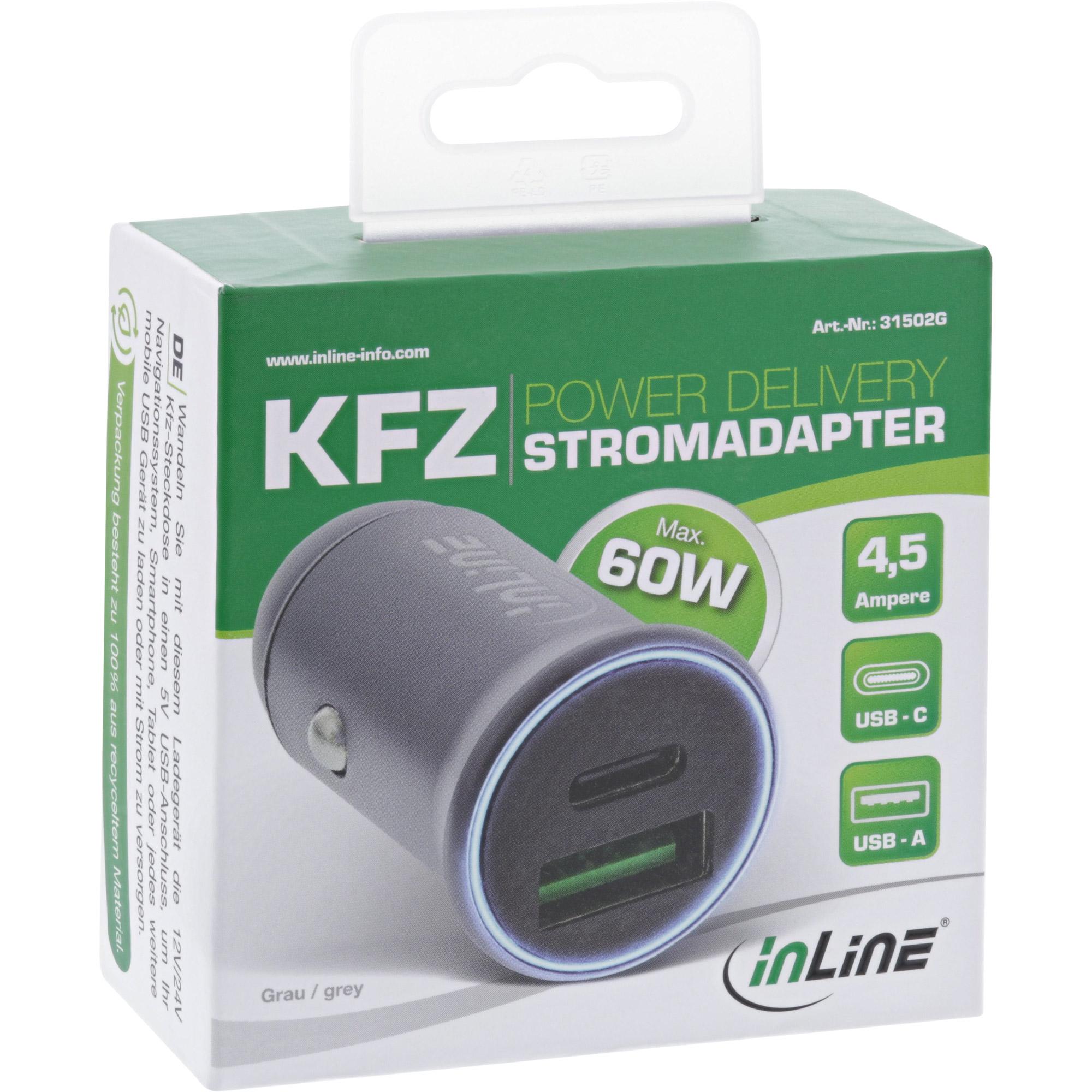 Adattatore USB per auto PD - 12-24 V USB-A + USB-C - max. 60W - grigio