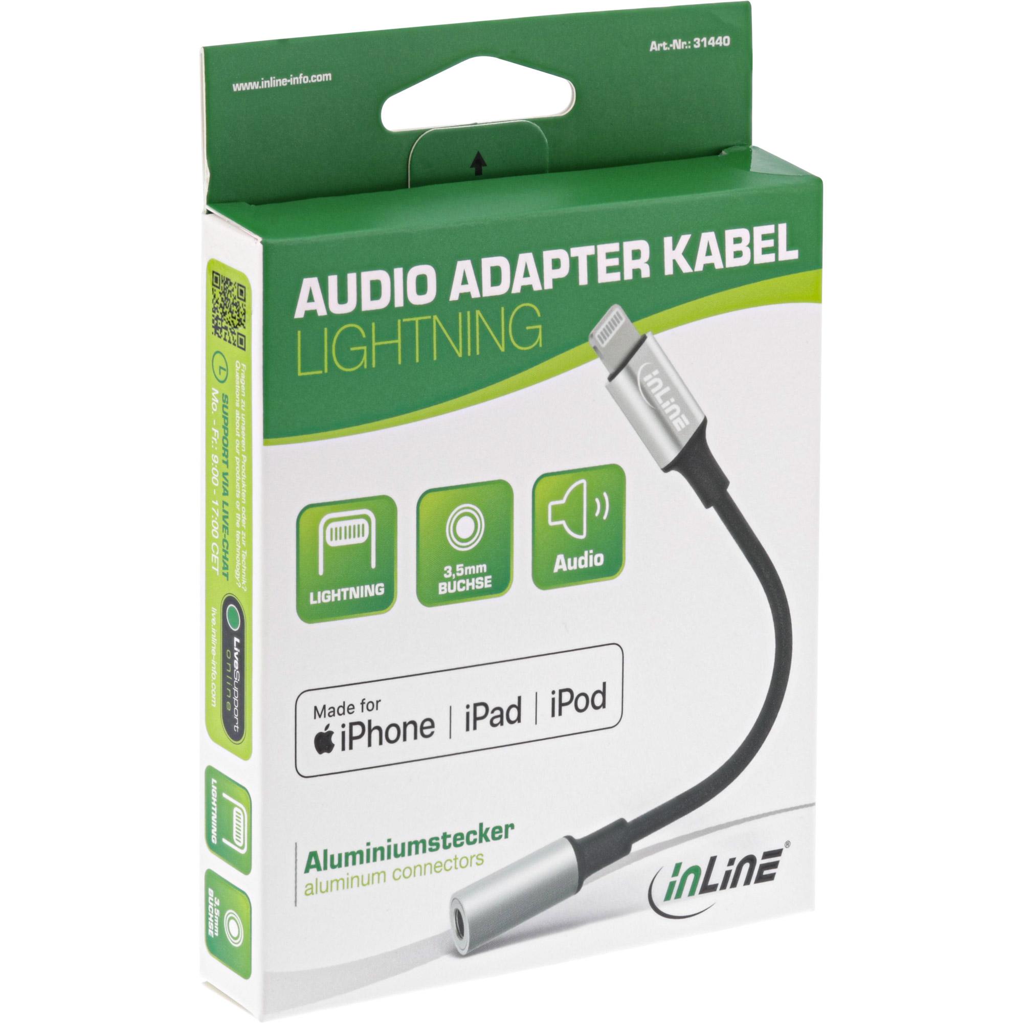Inline - Lightning on Mal di testa adattatore - Lightning - Lightning su mini plug femmina - 10 cm - nero - per Apple iPad/iPho
